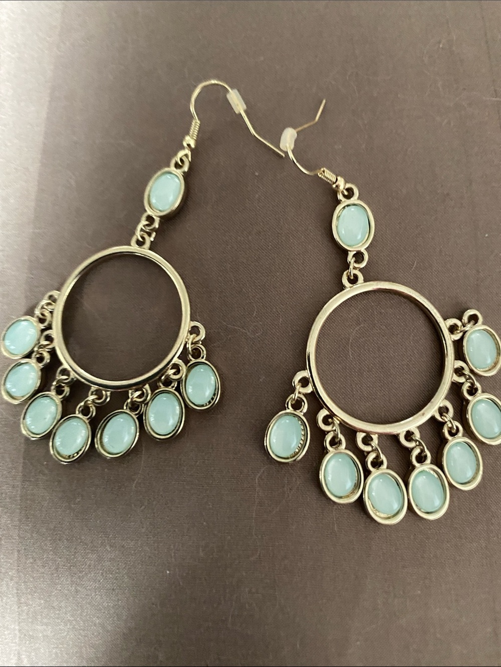 Vintage Goldtone Hoop Dangle Earrings with Light Blue Cabochons